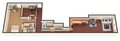 Floor plan for 2 beds, 1 bath, 930 sqft